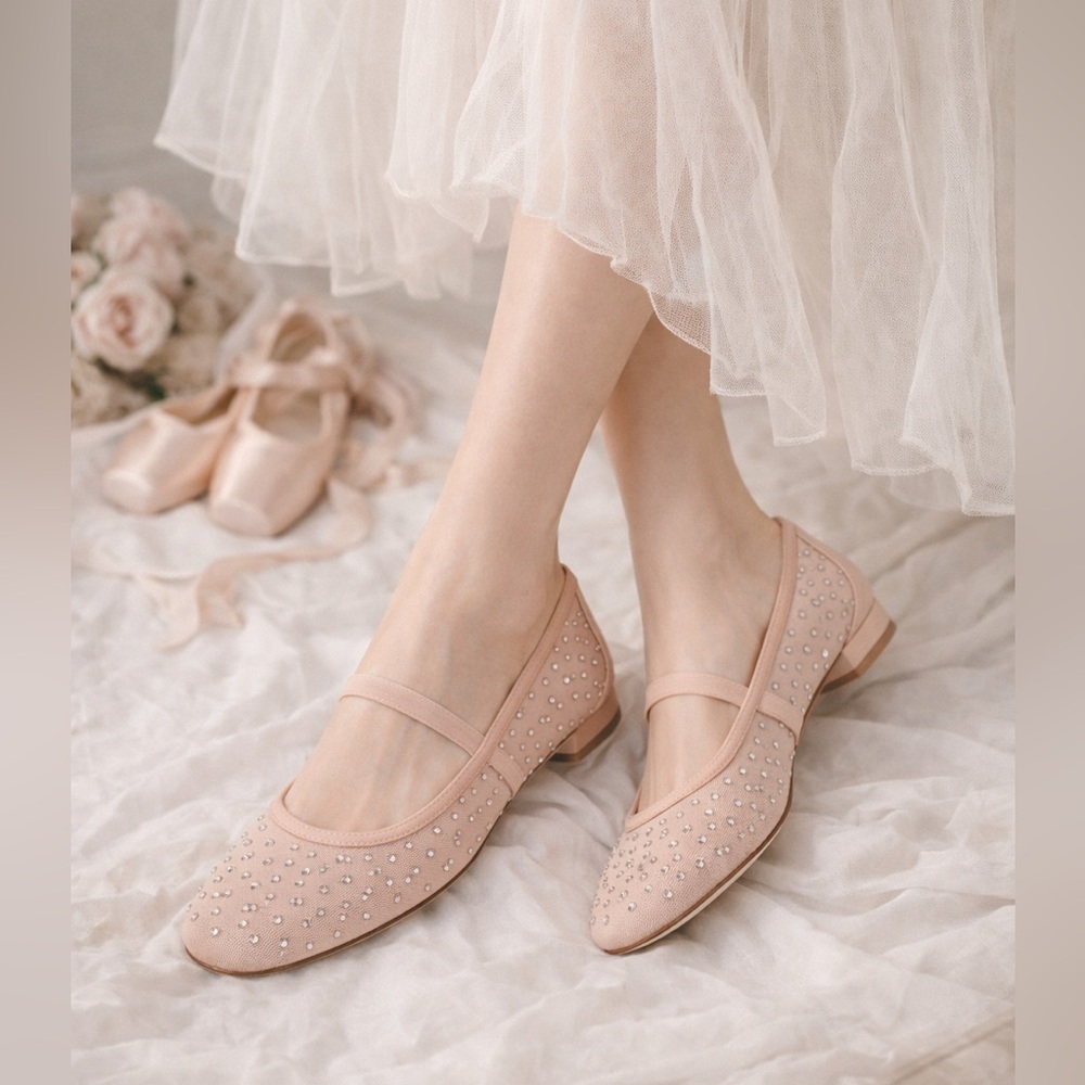 Stuart Weitzman Arabella Crystal Mesh Mary Jane Flats Size 6B Balletcore
